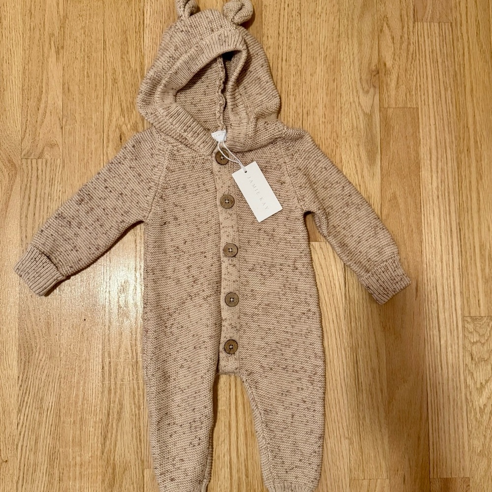 Jamie Kay Knit Hooded Footie in Beige Speckle